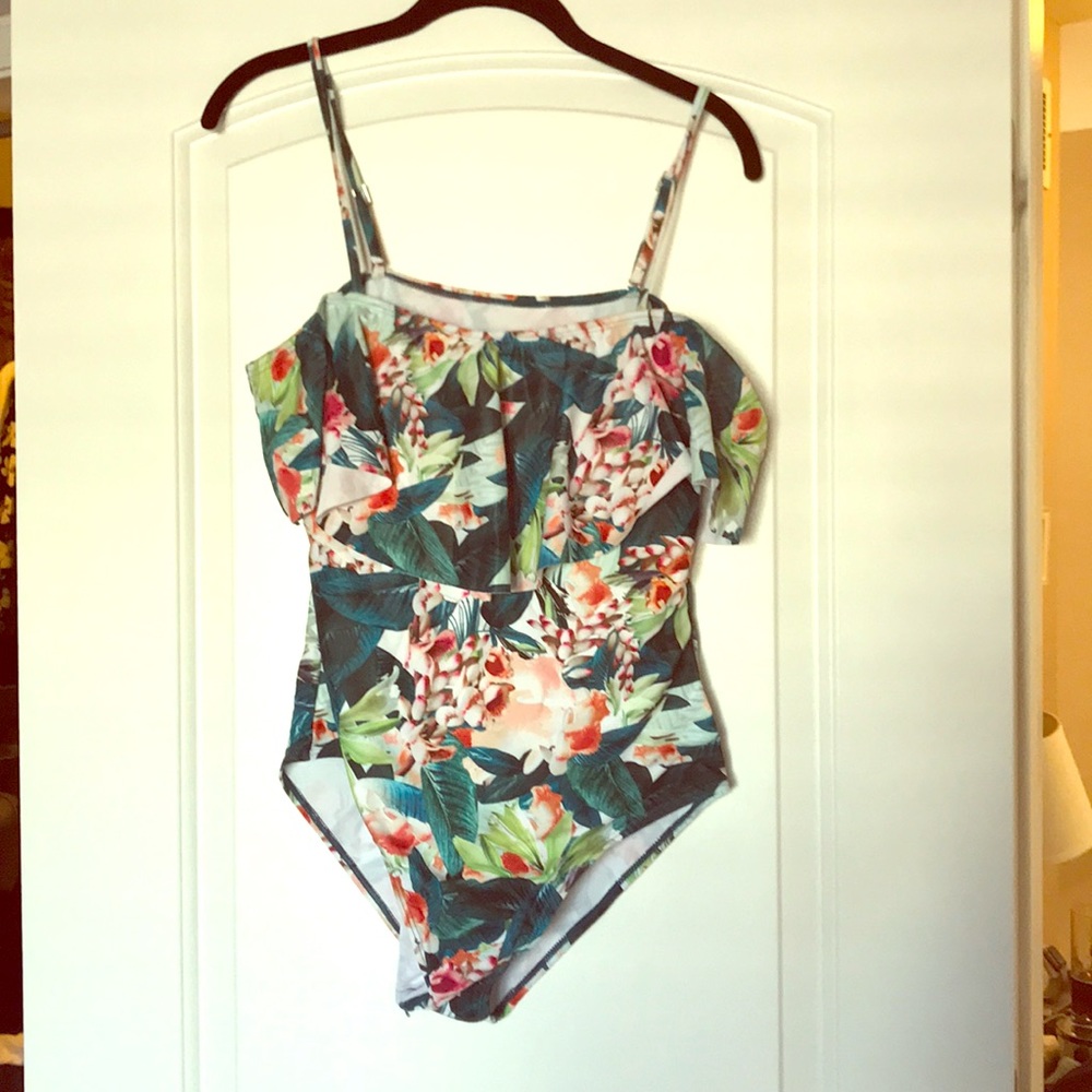 Tropical print, ruffle sleeve one piece swimsuit